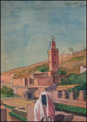 Guiraud Riviere aquarelle Minaret vue de la terrasse du Palais Jamia  Fez 1933