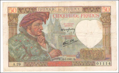 1941 Billet France 50 Francs Jacques Coeur A.29 1941