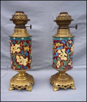 Emaux LONGWY Paire Lampes Pétroles  Bronze Doré 1860