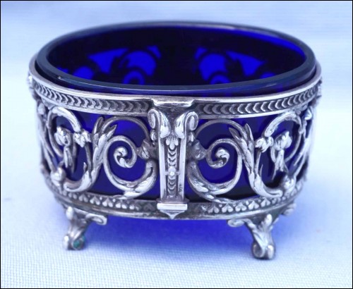 Salière en argent massif / verrerie bleu cobalt Fn XIXe siècle